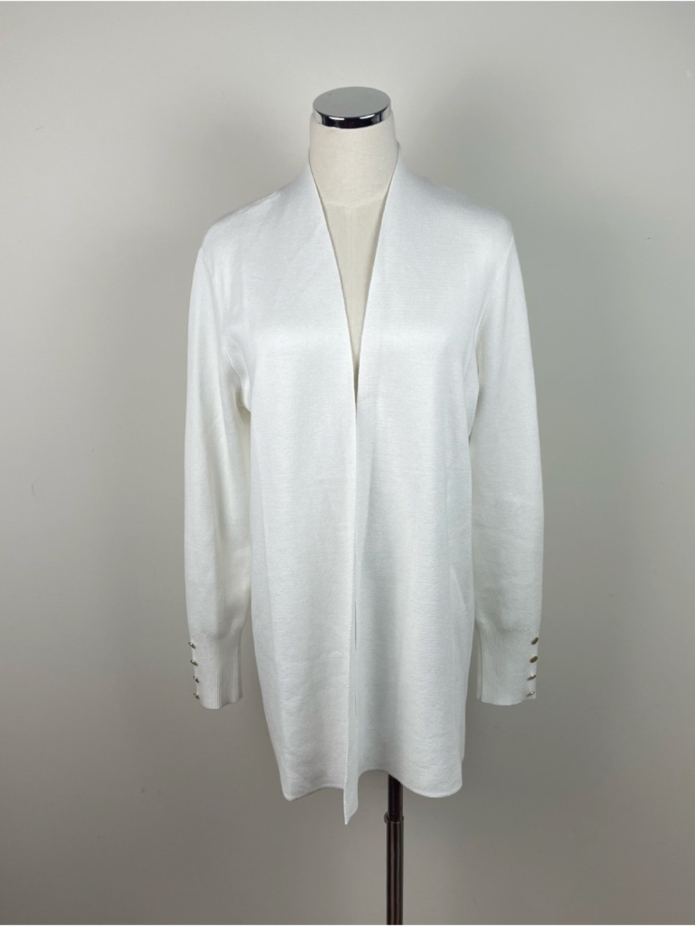 Cyrus Solid White Gold Button Open Front Ribbed Knit Cardigan Sweater Large